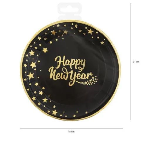 Talerzyki papierowe Happy New Year Sylwester 18 cm 6 szt.