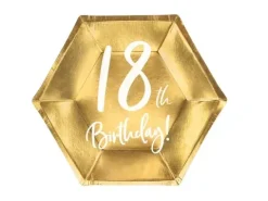 Talerzyki papierowe 18th Birthday złote 20 cm 6 szt.