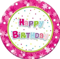 Talerzyki papierowe Happy Bithday różowe okrągłe 18cm 6 szt