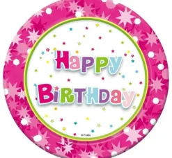 Talerzyki papierowe Happy Bithday różowe okrągłe 18cm 6 szt