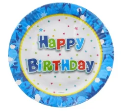 Talerzyki papierowe Happy Bithday niebieskie okrągłe 18cm 6 szt
