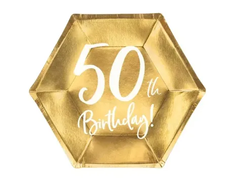 Talerzyki papierowe 50th Birthday złote 20 cm 6 szt.