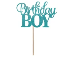 Topper dekoracyjny na tort BIRTHDAY BOY brokatowy 10 x 7 cm