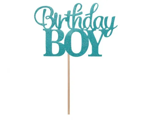 Topper dekoracyjny na tort BIRTHDAY BOY brokatowy 10 x 7 cm