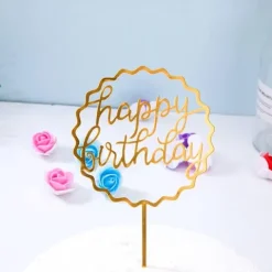 Topper dekoracyjny na tort okrągły pofalowany HAPPY BIRTHDAY złoty