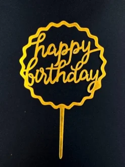 Topper dekoracyjny na tort okrągły pofalowany HAPPY BIRTHDAY złoty