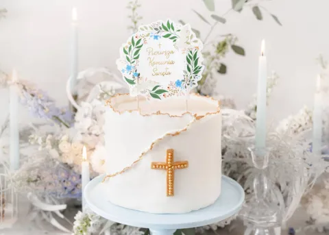 Topper dekoracyjny na tort Pierwsza Komunia Święta kwiaty 20 cm