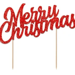 Topper na tort Merry Christmas CZERWONY brokatowy
