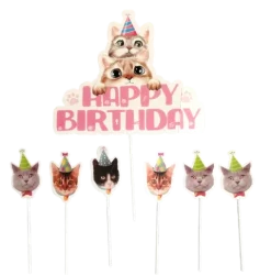Toppery na tort kotki Happy Birthday zestaw 7szt.