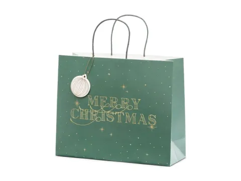 Torebka na prezenty Merry Christmas, butelkowa zieleń, 32.5x26.5x11.5cm