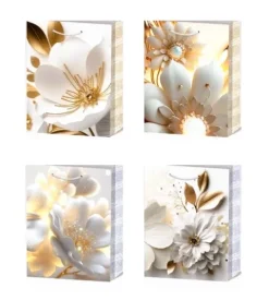 Torebka prezentowa elegancka Kwiaty biało złote 32x26x10 cm mix wzorów