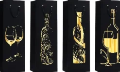 Torebka prezentowa na wino, alkohol czarna ze złotym zdobieniem 35x11x9 cm mix wzorów