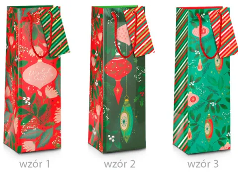 Torebka prezentowa Świąteczna Bombki (na wino alkohol) 11 x 36 cm mix