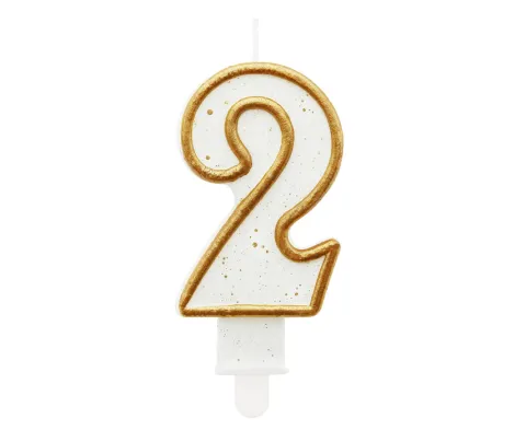 Świeczka urodzinowa cyfra 2 biała złoty kontur 8 cm