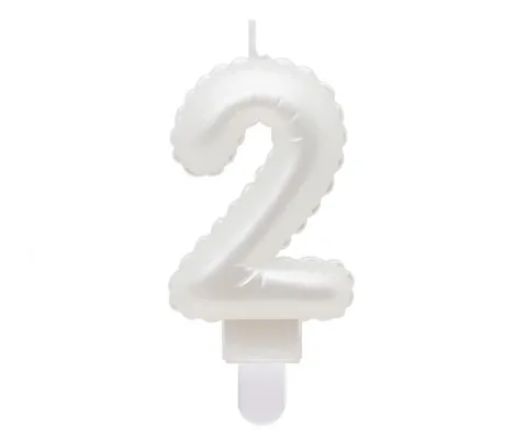Świeczka urodzinowa cyfra 2 jak balon foliowy perłowa biała, 7 cm