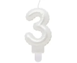 Świeczka urodzinowa cyfra 3 jak balon foliowy perłowa biała, 7 cm