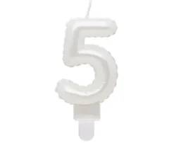 Świeczka urodzinowa cyfra 5 jak balon foliowy perłowa biała, 7 cm