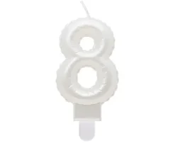 Świeczka urodzinowa cyfra 8 jak balon foliowy perłowa biała, 7 cm