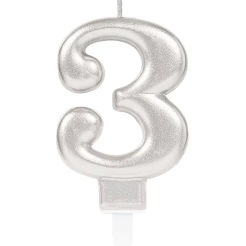 Świeczka urodzinowa cyfra 3 srebrna 9,3 cm