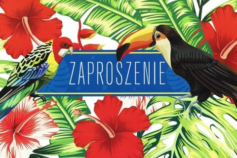 Zaproszenie z tropikalnym motywem tukan i papuga
